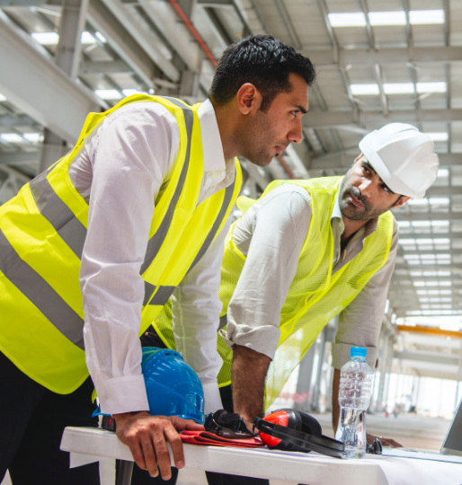 Two construction workers in safety vests and helmets discussing plans at a building site, representing challenges faced in the building industry.