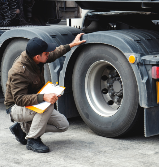 Truck company worker inspecting a large semi-trailer tire with clipboard, symbolising trucking business challenges and financial pressure.